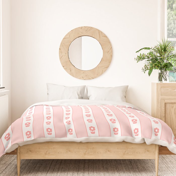 Cottage Stripes and Flowers Pattern in Pastel Pink and White Duvet Cover Gallery Image 3