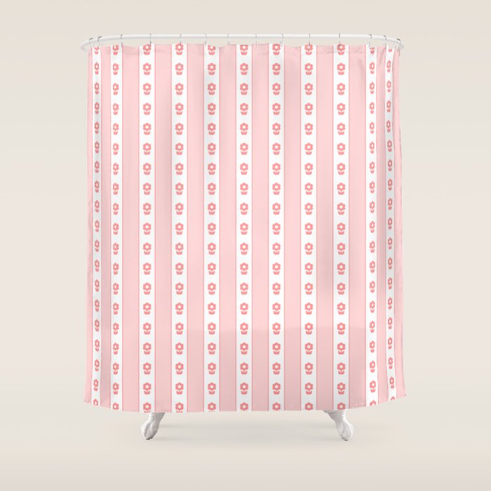 Cottage Stripes and Flowers Pattern in Pastel Pink and White Shower Curtain Gallery Image 1