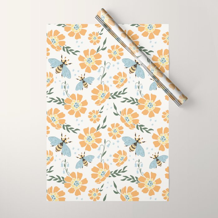 Honey Bees and Orange Flowers Wrapping Paper Gallery Image 1