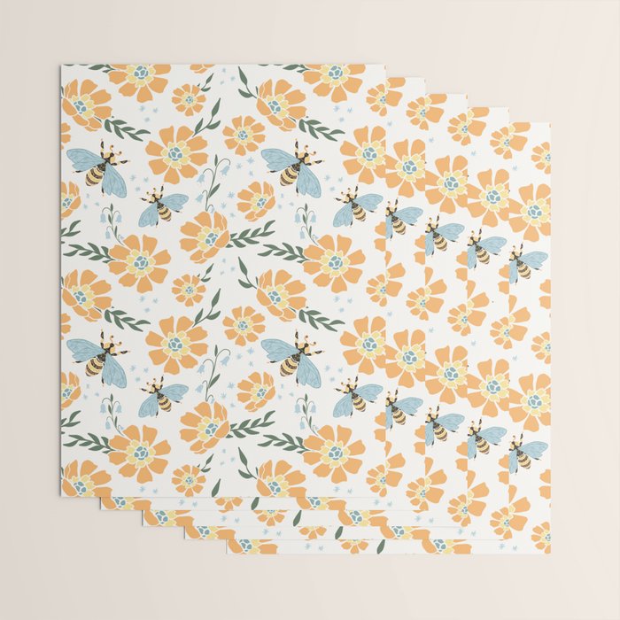 Honey Bees and Orange Flowers Wrapping Paper Gallery Image 3