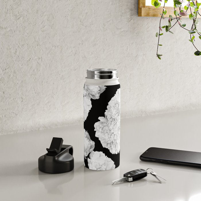 White Peony Flowers Black Background #decor #society6 #buyart Water Bottle Gallery Image 4
