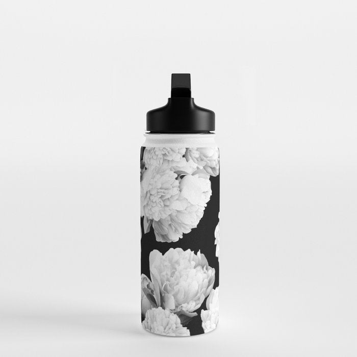 White Peony Flowers Black Background #decor #society6 #buyart Water Bottle Gallery Image 3