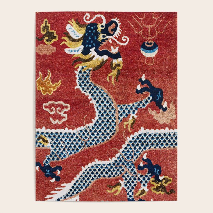 Ningxia Blue Dragon Red Background Rug Print Poster Gallery Image 1
