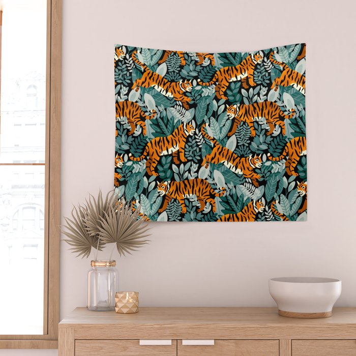 Bengal Tiger Teal Jungle Wall Tapestry Gallery Image 2