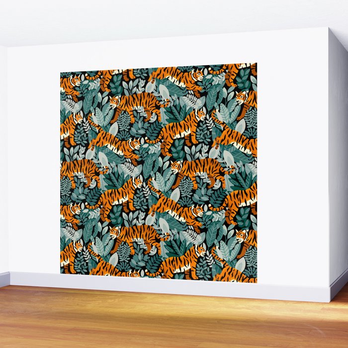 Bengal Tiger Teal Jungle Wall Mural Gallery Image 2