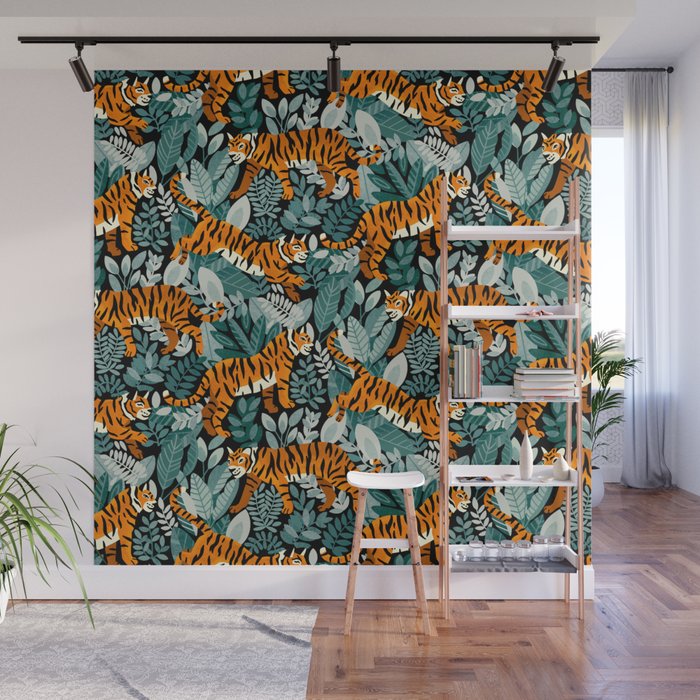 Bengal Tiger Teal Jungle Wall Mural Gallery Image 1