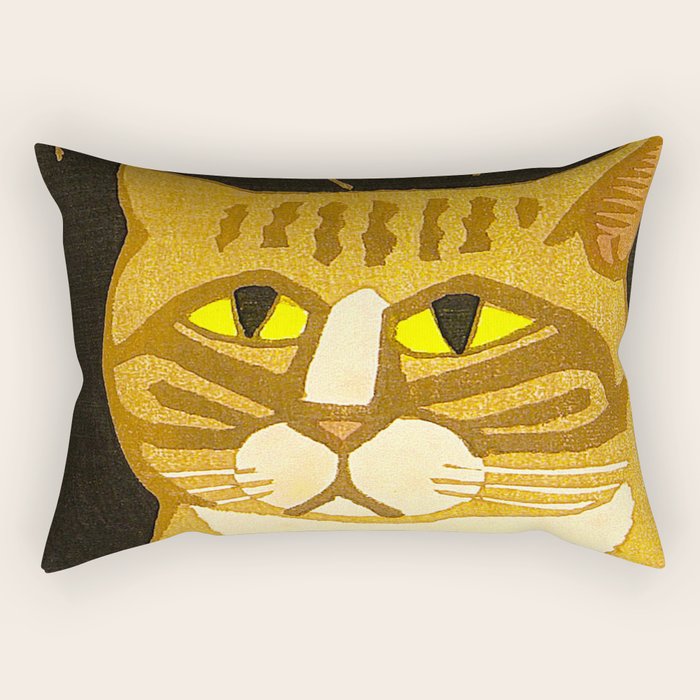 Japanese Cat Cubism Woodblock Print Cherry Blossom Midcentury Modern Rectangular Pillow Gallery Image 1