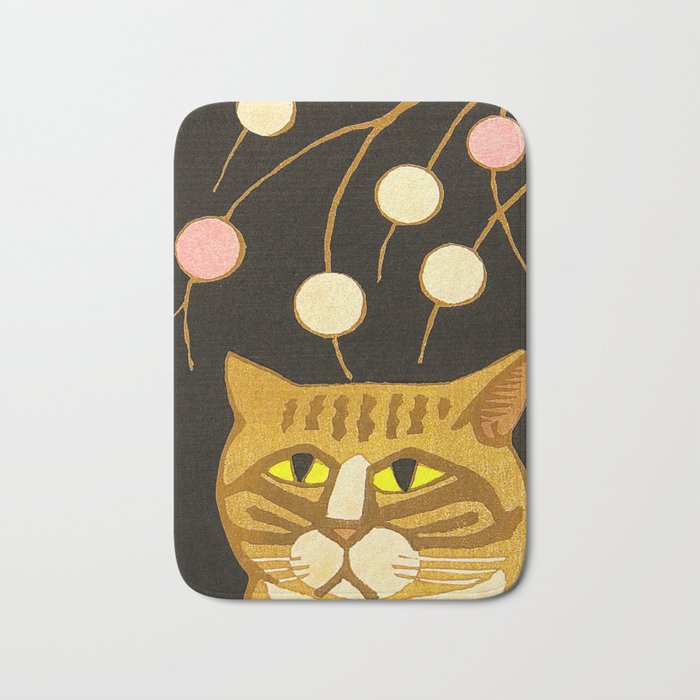Japanese Cat Cubism Woodblock Print Cherry Blossom Midcentury Modern Bath Mat Gallery Image 1