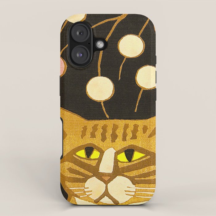 Japanese Cat Cubism Woodblock Print Cherry Blossom Midcentury Modern iPhone Case Gallery Image 1