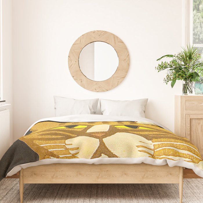 Japanese Cat Cubism Woodblock Print Cherry Blossom Midcentury Modern Duvet Cover Gallery Image 3