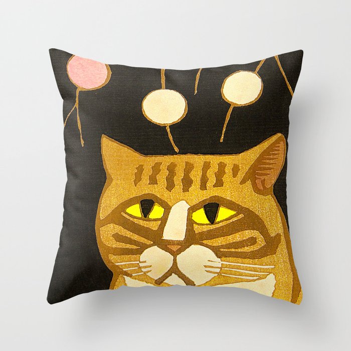 Japanese Cat Cubism Woodblock Print Cherry Blossom Midcentury Modern Throw Pillow Gallery Image 1