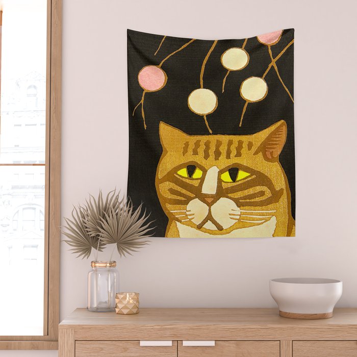 Japanese Cat Cubism Woodblock Print Cherry Blossom Midcentury Modern Wall Tapestry Gallery Image 2