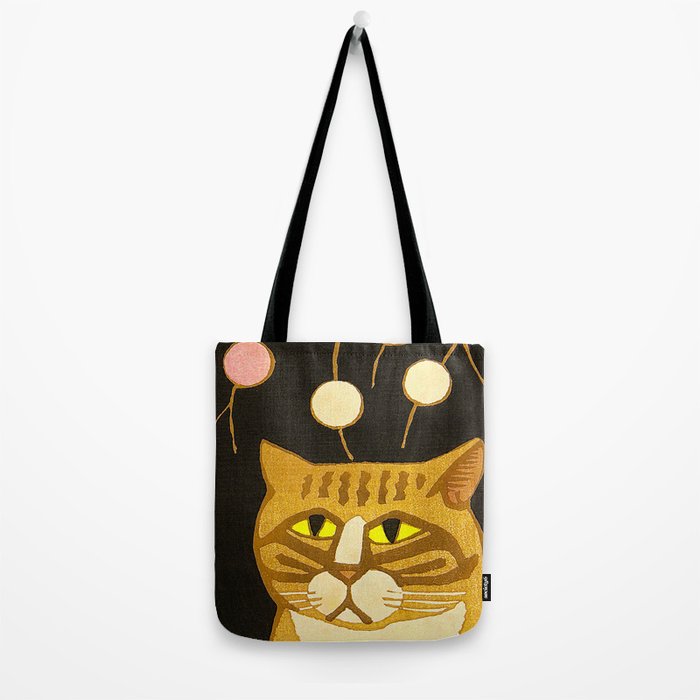 Japanese Cat Cubism Woodblock Print Cherry Blossom Midcentury Modern Tote Bag Gallery Image 2