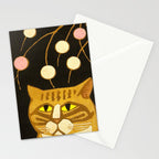 Japanese Cat Cubism Woodblock Print Cherry Blossom Midcentury Modern Stationery Card Gallery Image 2