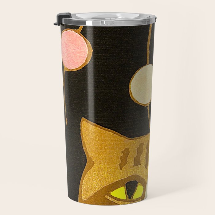 Japanese Cat Cubism Woodblock Print Cherry Blossom Midcentury Modern Travel Mug Gallery Image 3