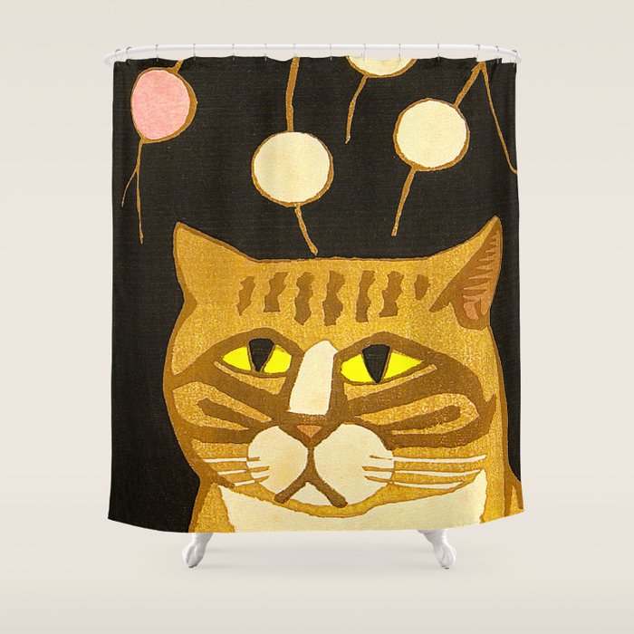 Japanese Cat Cubism Woodblock Print Cherry Blossom Midcentury Modern Shower Curtain Gallery Image 1