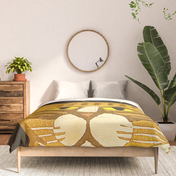 Japanese Cat Cubism Woodblock Print Cherry Blossom Midcentury Modern Comforter Gallery Image 3