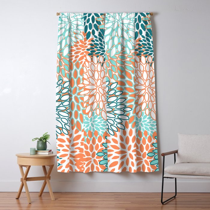 Festive, Floral Prints, Orange and Teal, Abstract Art Window Curtain Gallery Image 5
