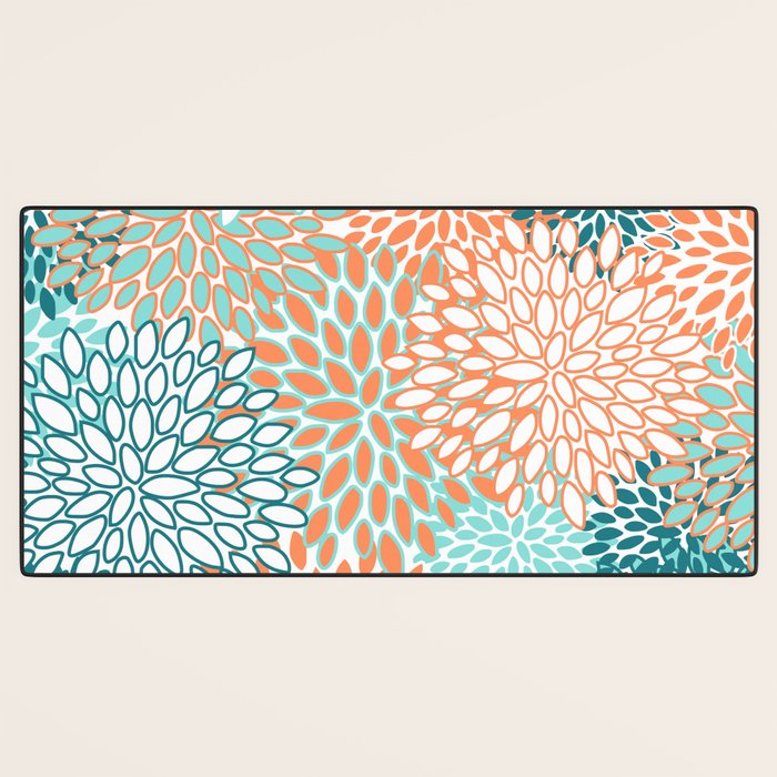 Festive, Floral Prints, Orange and Teal, Abstract Art Desk Mat Gallery Image 3