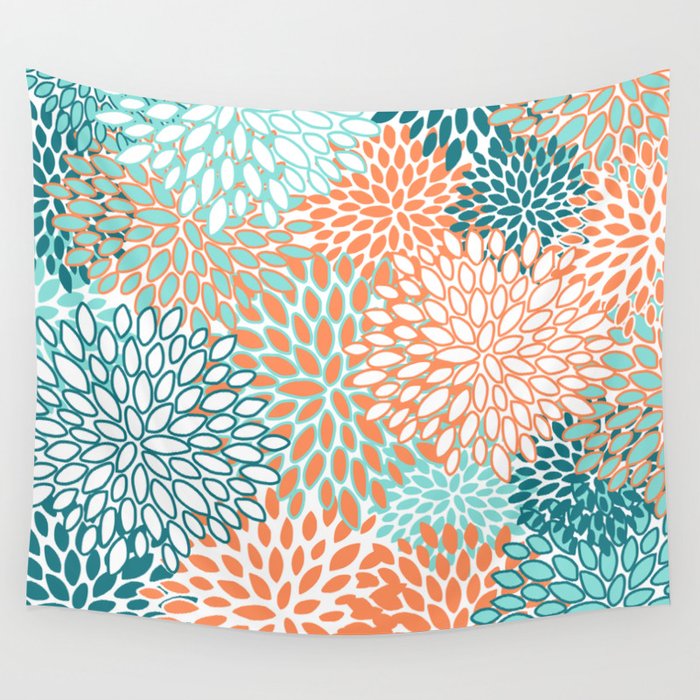 Festive, Floral Prints, Orange and Teal, Abstract Art Wall Tapestry Gallery Image 4