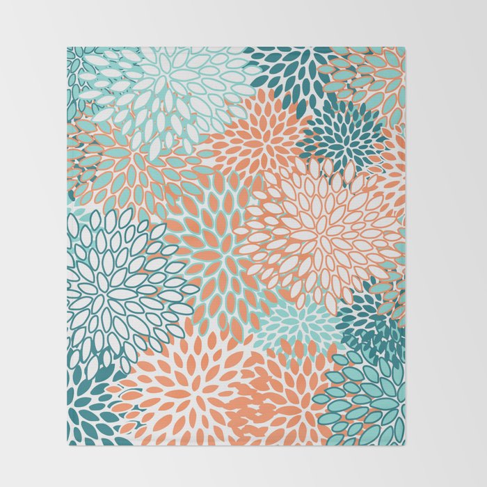 Festive, Floral Prints, Orange and Teal, Abstract Art Throw Blanket Gallery Image 2