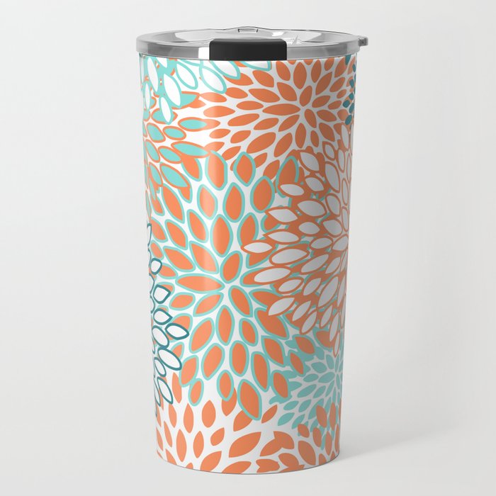 Festive, Floral Prints, Orange and Teal, Abstract Art Travel Mug Gallery Image 1