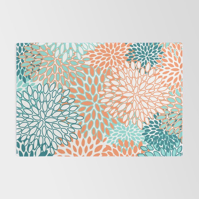 Festive, Floral Prints, Orange and Teal, Abstract Art Rug Gallery Image 2