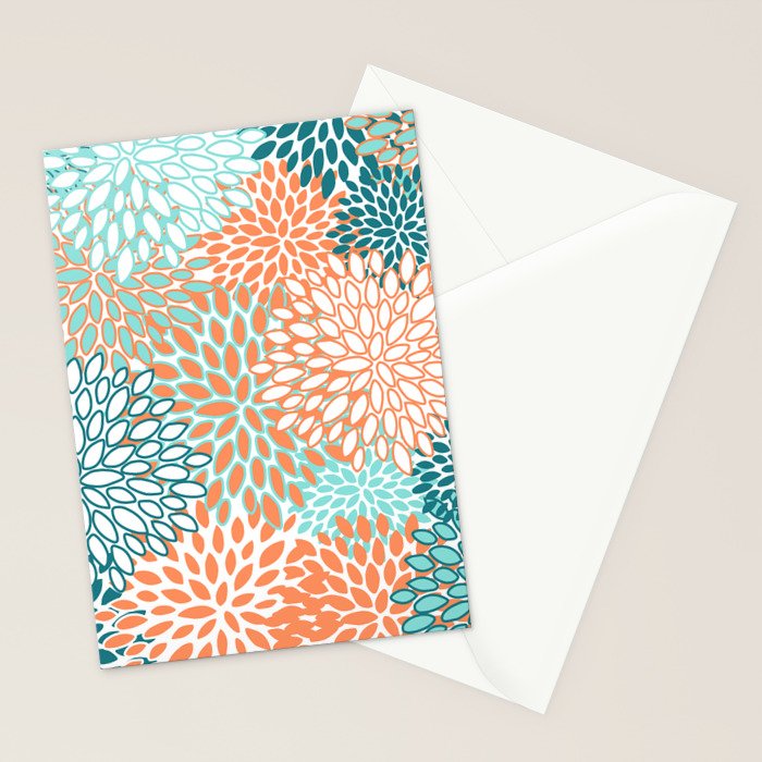 Festive, Floral Prints, Orange and Teal, Abstract Art Stationery Card Gallery Image 2