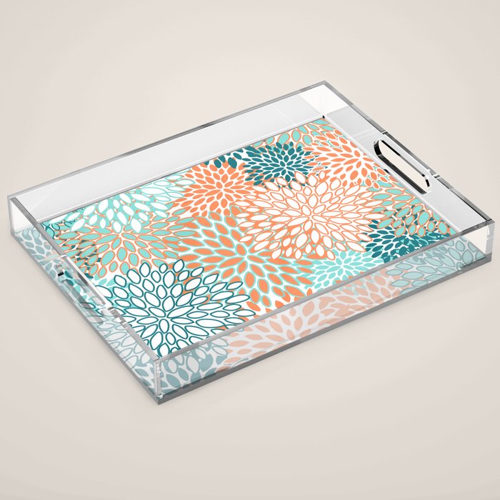 Festive, Floral Prints, Orange and Teal, Abstract Art Acrylic Tray Gallery Image 1