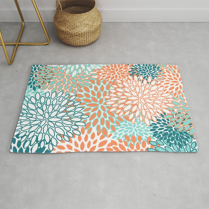 Festive, Floral Prints, Orange and Teal, Abstract Art Rug Gallery Image 1
