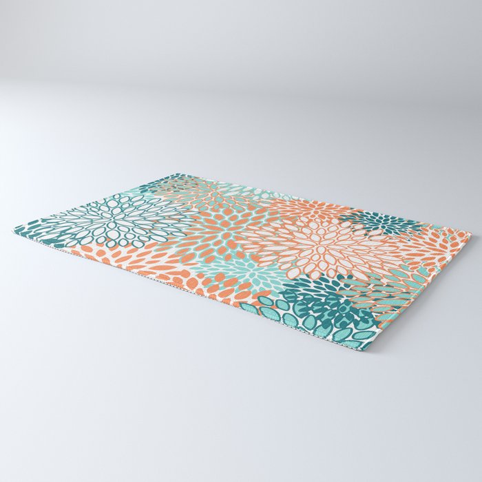 Festive, Floral Prints, Orange and Teal, Abstract Art Rug Gallery Image 3