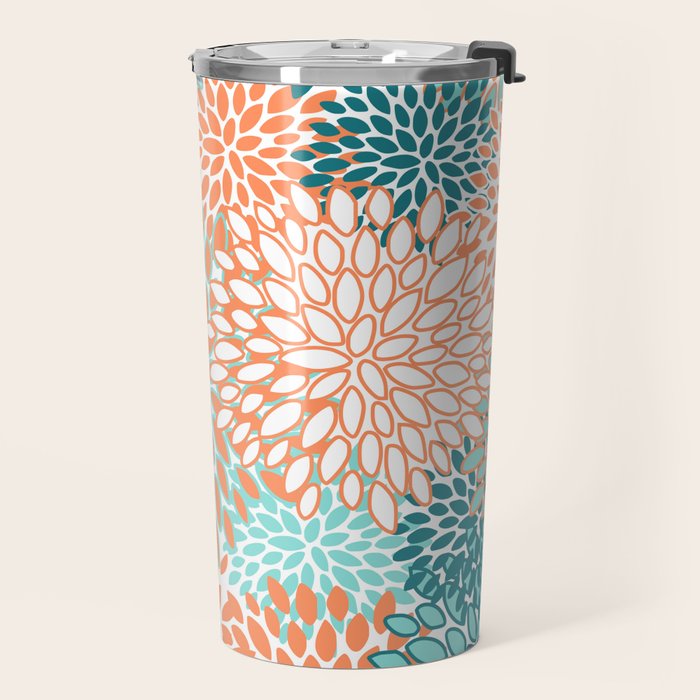 Festive, Floral Prints, Orange and Teal, Abstract Art Travel Mug Gallery Image 2
