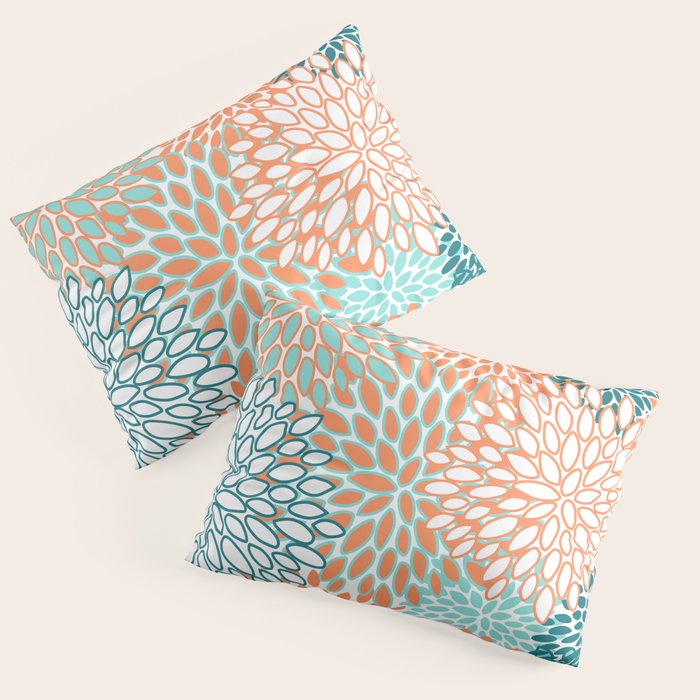 Festive, Floral Prints, Orange and Teal, Abstract Art Pillow Sham Gallery Image 1