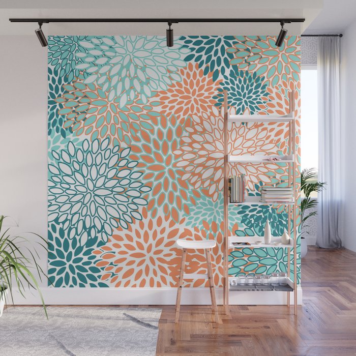 Festive, Floral Prints, Orange and Teal, Abstract Art Wall Mural Gallery Image 1