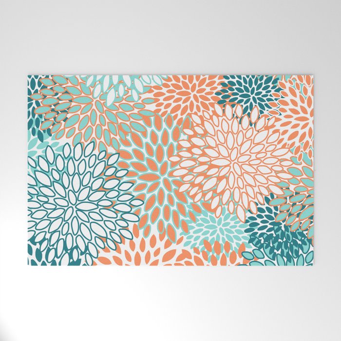 Festive, Floral Prints, Orange and Teal, Abstract Art Welcome Mat Gallery Image 1