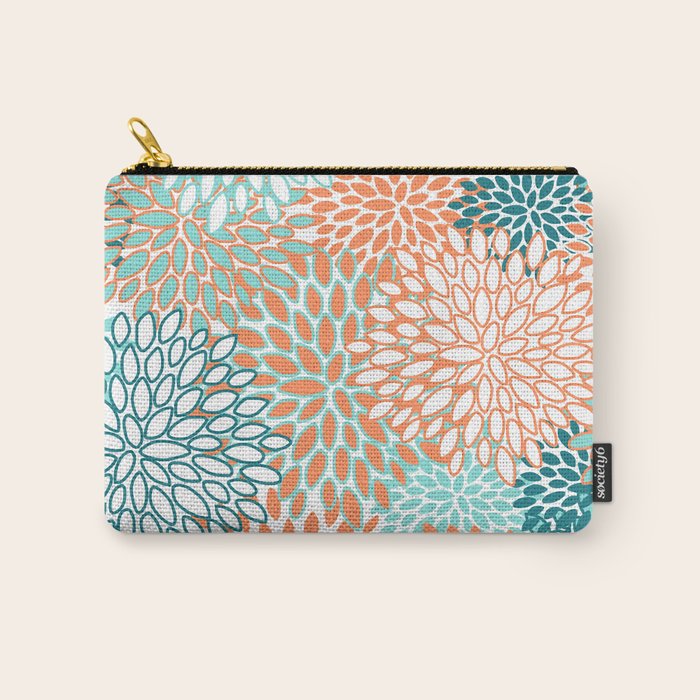 Festive, Floral Prints, Orange and Teal, Abstract Art Carry All Pouch Gallery Image 1