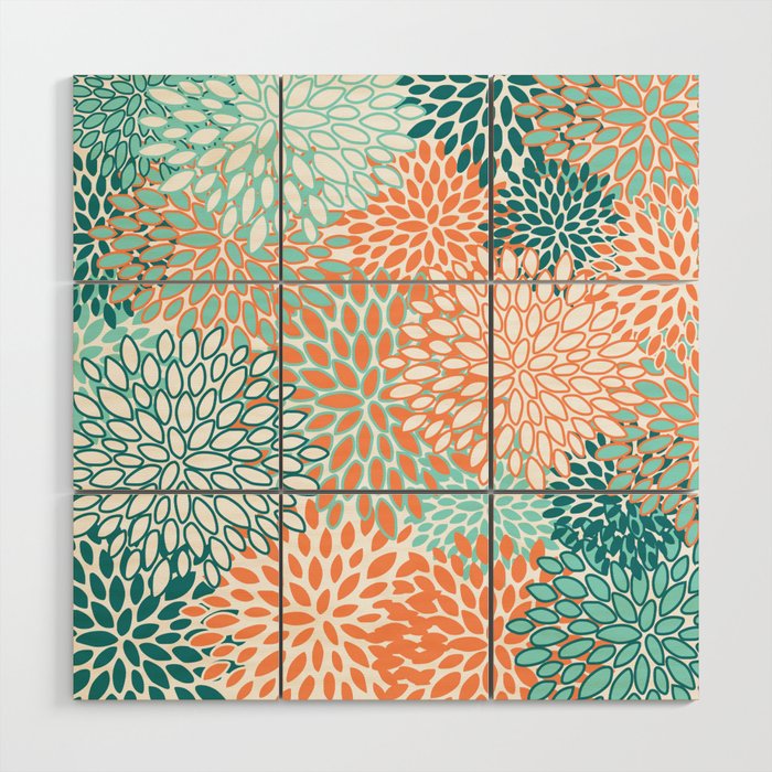 Festive, Floral Prints, Orange and Teal, Abstract Art Wood Wall Art Gallery Image 1