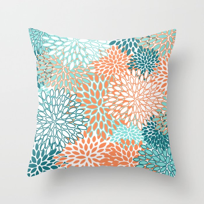 Festive, Floral Prints, Orange and Teal, Abstract Art Throw Pillow Gallery Image 6