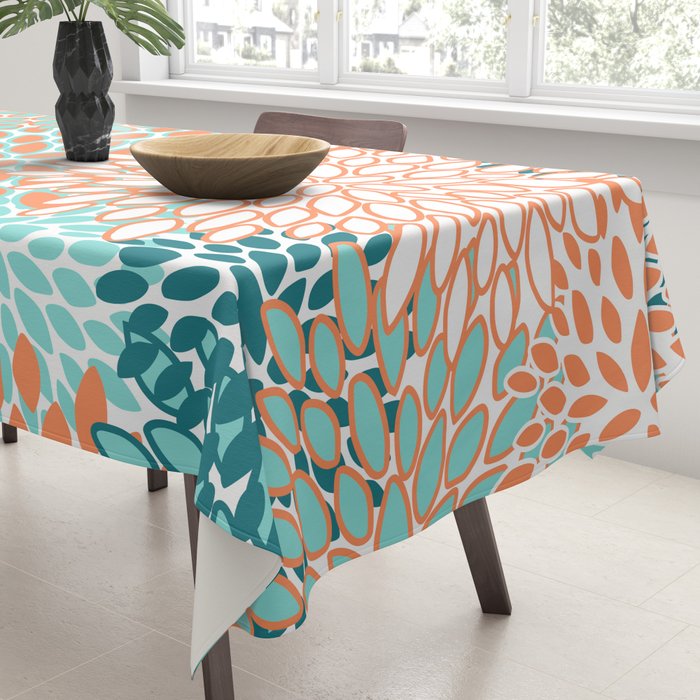 Festive, Floral Prints, Orange and Teal, Abstract Art Tablecloth Gallery Image 3