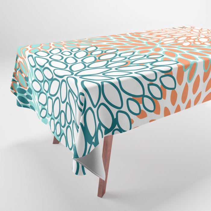 Festive, Floral Prints, Orange and Teal, Abstract Art Tablecloth Gallery Image 1