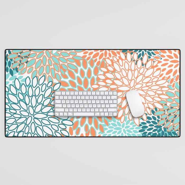 Festive, Floral Prints, Orange and Teal, Abstract Art Desk Mat Gallery Image 1