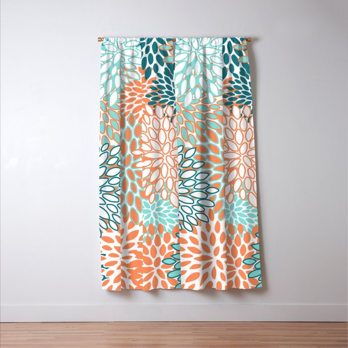 Festive, Floral Prints, Orange and Teal, Abstract Art Window Curtain Gallery Image 3