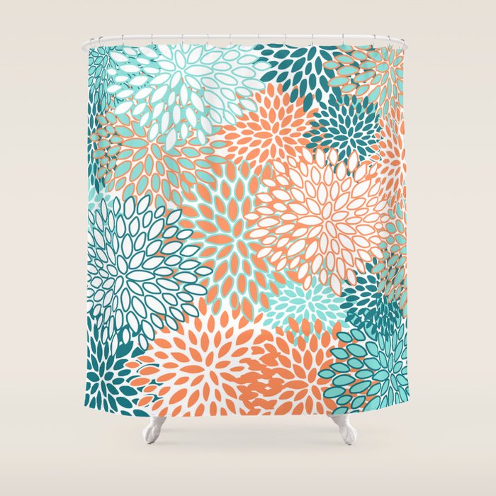 Festive, Floral Prints, Orange and Teal, Abstract Art Shower Curtain Gallery Image 1