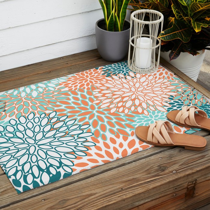 Festive, Floral Prints, Orange and Teal, Abstract Art Outdoor Rug Gallery Image 2