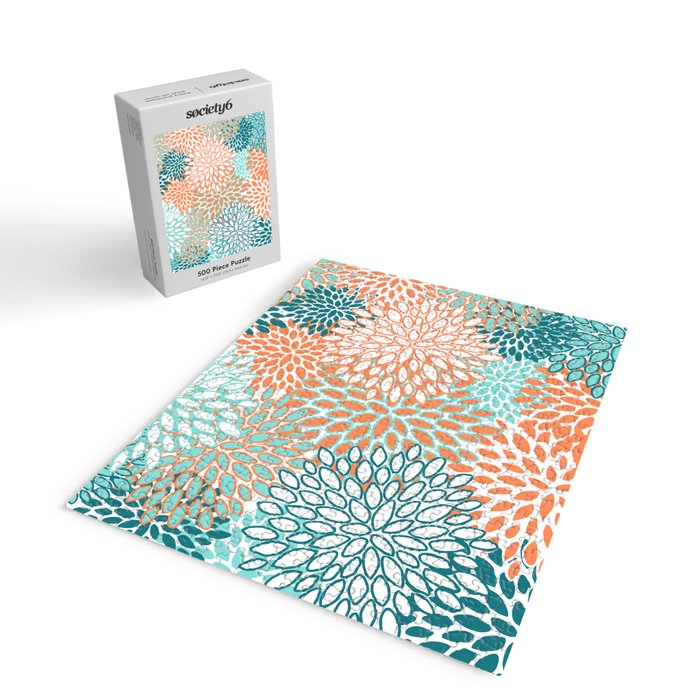 Festive, Floral Prints, Orange and Teal, Abstract Art Jigsaw Puzzle Gallery Image 2
