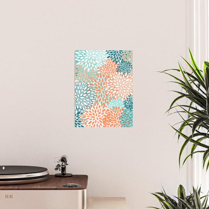 Festive, Floral Prints, Orange and Teal, Abstract Art Poster Gallery Image 2