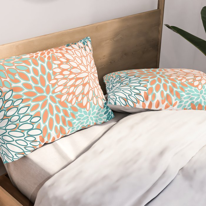 Festive, Floral Prints, Orange and Teal, Abstract Art Pillow Sham Gallery Image 2