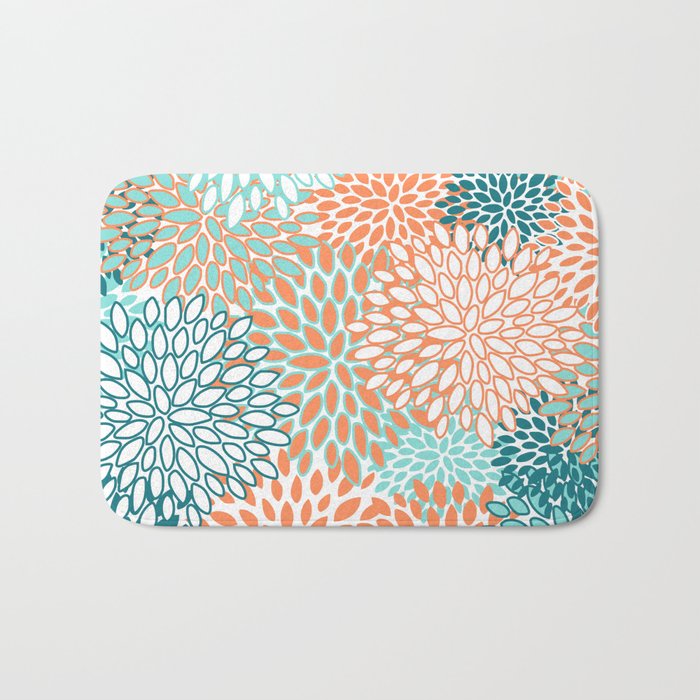 Festive, Floral Prints, Orange and Teal, Abstract Art Bath Mat Gallery Image 1