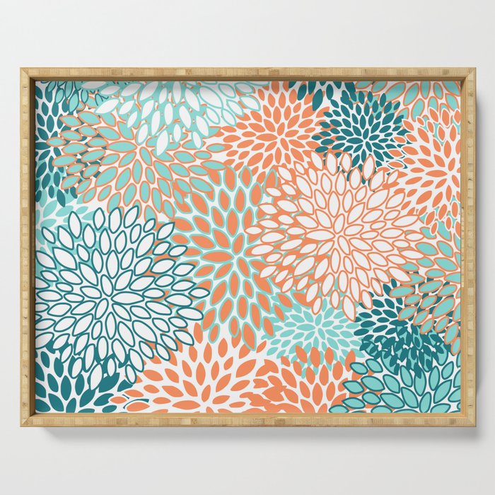 Festive, Floral Prints, Orange and Teal, Abstract Art Serving Tray Gallery Image 1