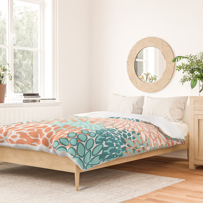 Festive, Floral Prints, Orange and Teal, Abstract Art Duvet Cover Gallery Image 2